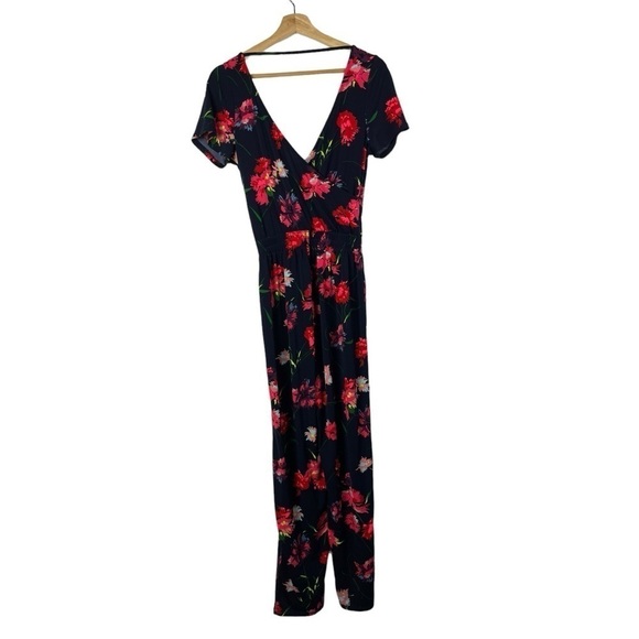Express Navy Blue Neon Pink Floral Short Sleeve Straight Leg Jumpsuit XS - Picture 2 of 4